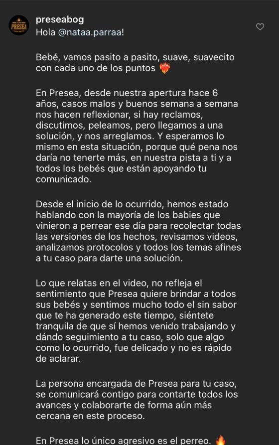 Respuesta de Presea al caso de Natlia Parra Respuesta de Presea al caso de Natlia Parra