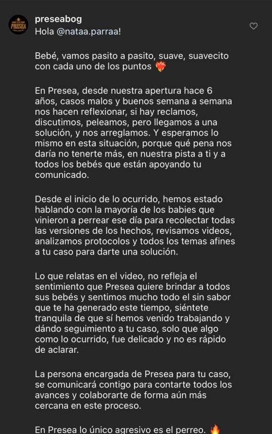 Respuesta de Presea al caso de Natlia Parra