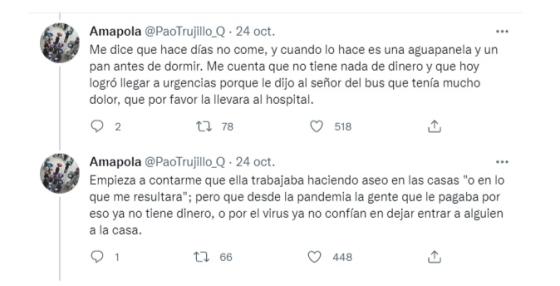 El hilo de una doctora sobre una paciente que lleva varios días sin comer. Hilo doctora Paola Trujillo.