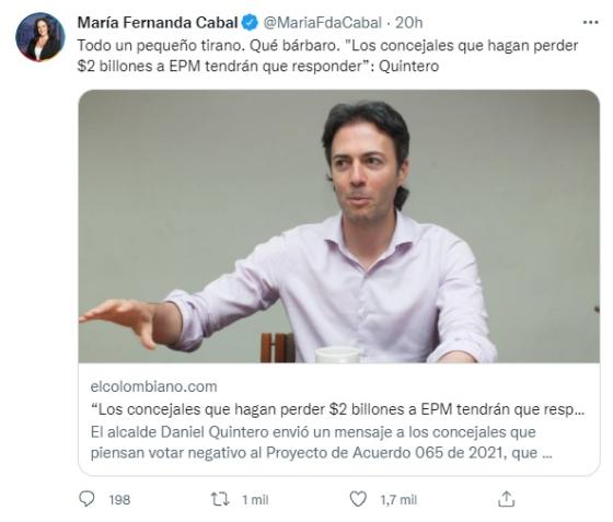 María Fernanda Cabal llama tirano a Daniel Quintero en Twitter. El trino de María Fernanda Cabal.