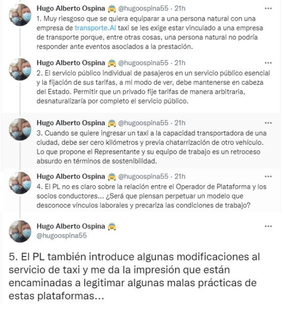 Hilo de Hugo Ospina sobre el proyecto de Mauricio Toro. Hugo Ospina.