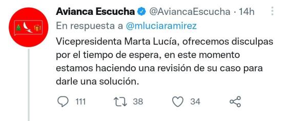 Avianca respondió a queja de Marta Lucía 
