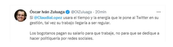 Mensaje de Zuluaga a Claudia López