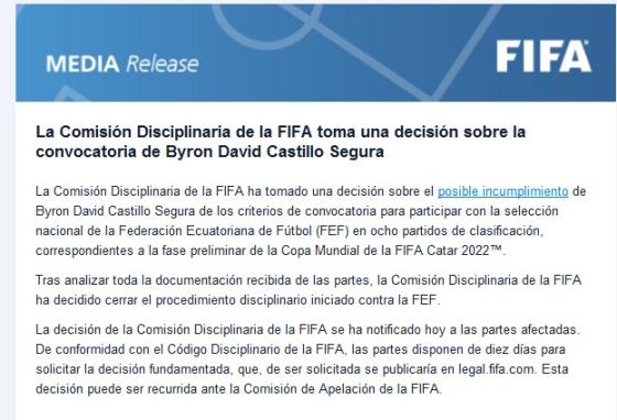 La FIFA se pronunció: este es el veredicto final sobre el caso de Byron Castillo