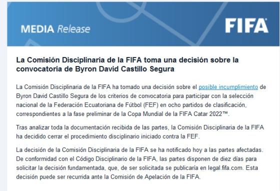 La FIFA se pronunció: este es el veredicto final sobre el caso de Byron Castillo La FIFA se pronunció: este es el veredicto final sobre el caso de Byron Castillo
