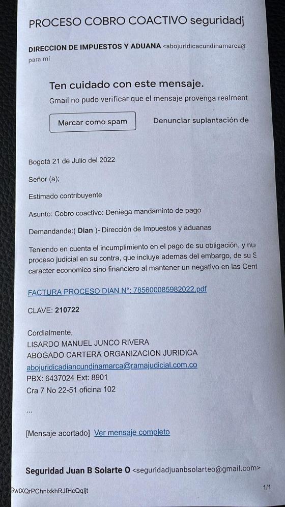 correo falso DIAN noticias Colombia cobro coactivo 