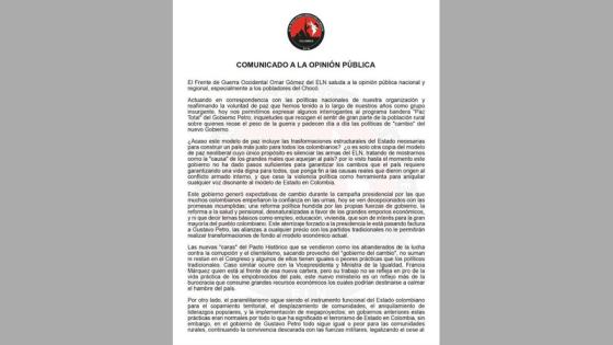 Comunicado ELN 1 ELN: uno de sus frentes no ve con buenos ojos proceso de paz