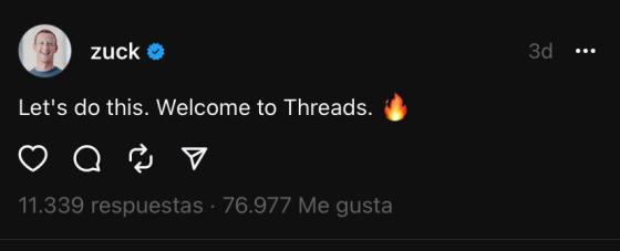 El mensaje de Mark Zuckerberg tras inaugurar Threads El mensaje de Mark Zuckerberg tras inaugurar Threads