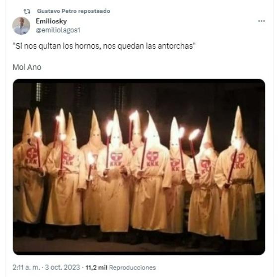 Petro lanzó indirecta contra Diego Molano con imagen del Ku Klux Klan Petro lanzó indirecta contra Diego Molano con imagen del Ku Klux Klan