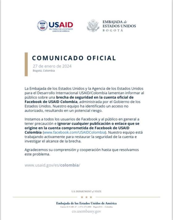 USAID denuncia ataque cibernético en su cuenta de Facebook USAID denuncia ataque cibernético en su cuenta de Facebook