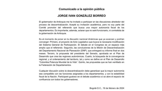 Jorge Iván González confirma que no será "contratista de la Gobernación de Antioquia" Jorge Iván González confirma que no será "contratista de la Gobernación de Antioquia"