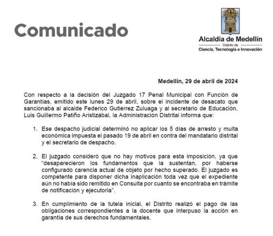 Juez revocó la orden de captura contra el alcalde Federico Gutiérrez