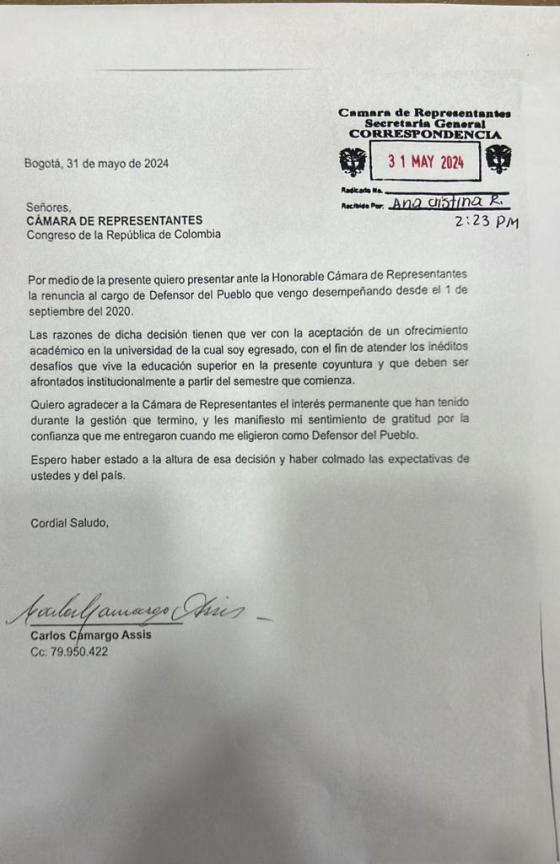 Conozca las razones dadas por Carlos Camargo para abandonar su cargo como Defensor del Pueblo Conozca las razones dadas por Carlos Camargo para abandonar su cargo como Defensor del Pueblo