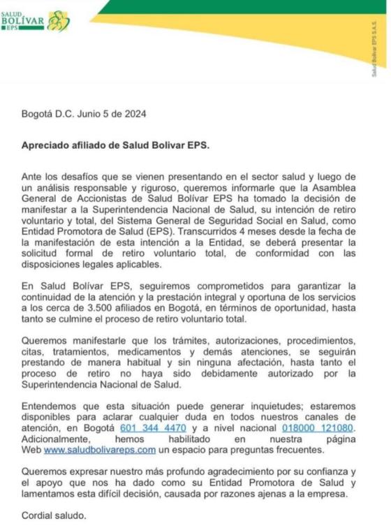 Salud Bolívar EPS pidió su retiro voluntario al Gobierno ¿Por qué?