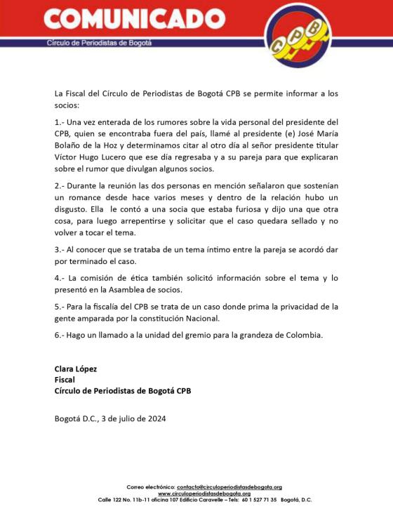 Círculo de Periodistas de Bogotá respaldó a su presidente tras acusaciones Círculo de Periodistas de Bogotá respaldó a su presidente tras acusaciones