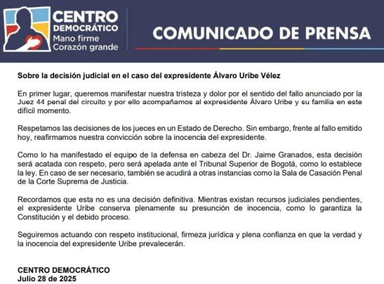 Comunicado del Centro Democrático. Comunicado del Centro Democrático.