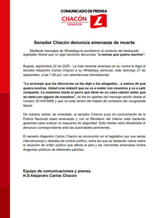 Comunicado del senador Alejandro Chacón.