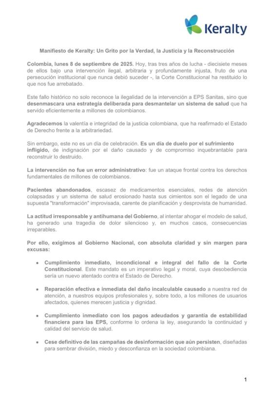 Este es el comunicado de Keralty. Este es el comunicado de Keralty.