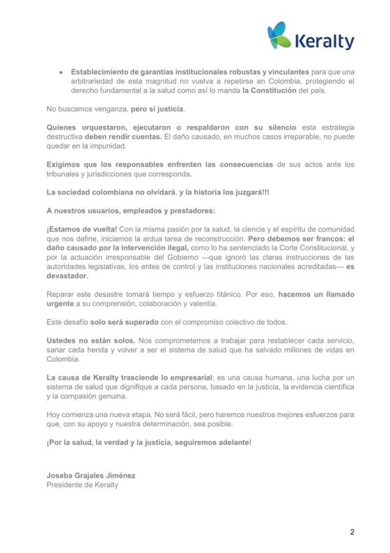 Comunicado de Keralty. Comunicado de Keralty.