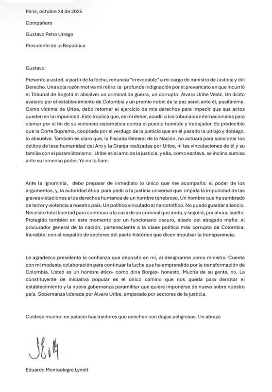 Carta de renuncia de Eduardo Montealgre. Carta de renuncia de Eduardo Montealgre.