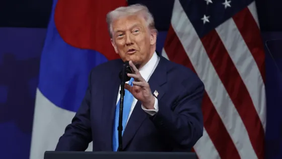 US President Donald Trump speaks during the APEC CEO Summit Korea 2025 in Gyeongju, South Korea
