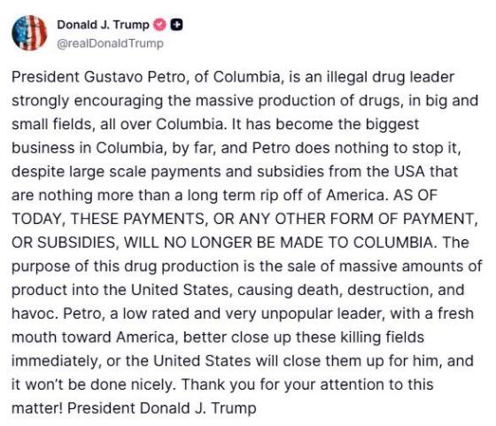 Trump: Petro es “líder del narcotráfico” y suspende subsidios