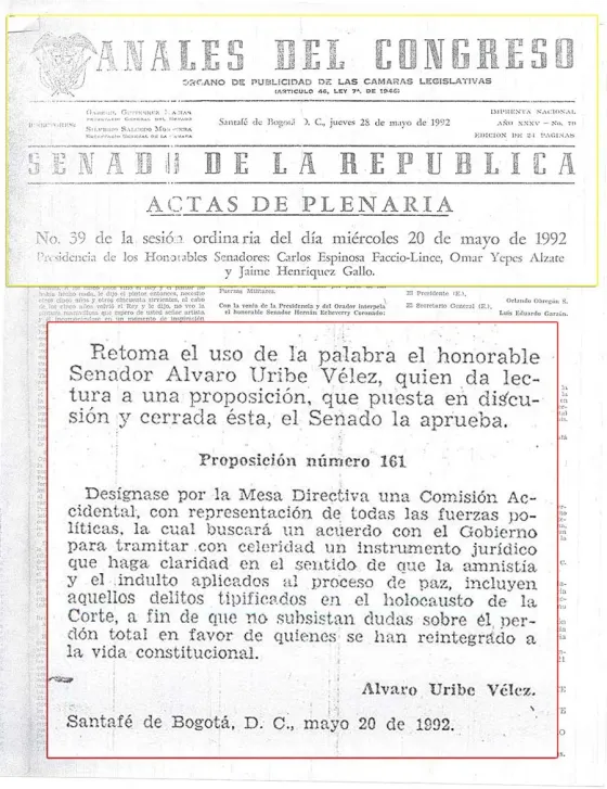 Gaceta en la cual Álvaro Uribe pidió el indulto total al M-19
