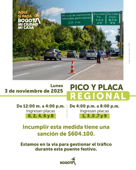 Conozca los horarios y vías donde aplica el pico y placa regional este lunes festivo y cómo funcionará el reversible.