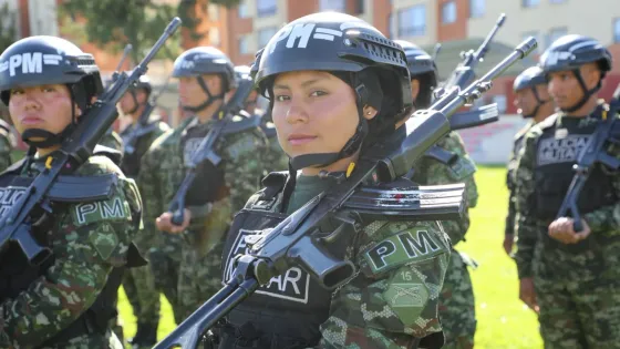 Oficial del Ejército en formación militar, acompañada de otros soldados