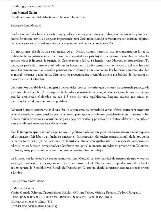 Carta de Mauricio Gaona a Juan Manuel Galán.