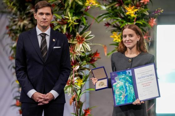 Daughter of the Nobel Peace Prize laureate, Ana Corina Sosa, accepts the award on behalf of her mother Maria Corina Machado from the Nobel Committee Chairman Jorgen Watne Frydnes during the Nobel Peace Prize award ceremony at Oslo City Hall in Oslo, Norway, 10 December 2025. Venezuelan opposition leader Maria Corina Machado was awarded the Nobel Peace Prize 2025 for her tireless work to secure democratic rights for the people of Venezuela, and for her fight for a just and peaceful transition from dictatorsh