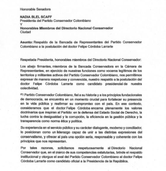 Apoyo de los conservadores a Felipe Córdoba.