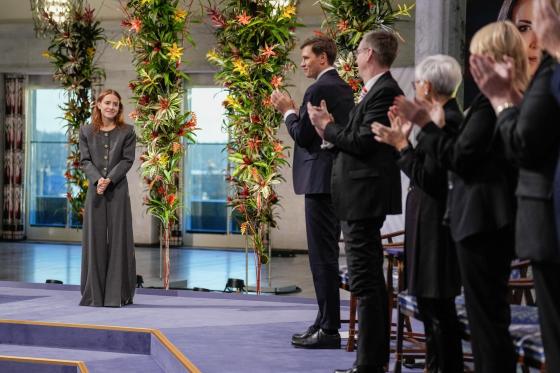 The daughter of the Nobel Peace Prize laureate, Ana Corina Sosa, accepts the prize on behalf of her mother during the Nobel Peace Prize ceremony at Oslo City Hall in Oslo, Norway, 10 December 2025. 