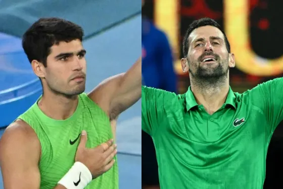 Carlos Alcaraz of Spain celebrates his win in the men’s semifinal against Alexander Zverev of Germany on day 13 of the 2026 Australian Open. Novak Djokovic of Serbia celebrates his win in the men's semifinal against Jannik Sinner of Italy on day 13 of the 2026 Australian Open 