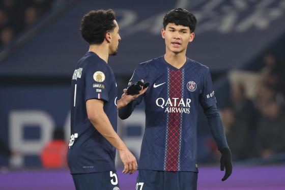 Pedro Fernandez (R) and Marquinhos of PSG react during the French Ligue 1 soccer match between Paris Saint Germain and Olympique Marseille, in Paris, France,