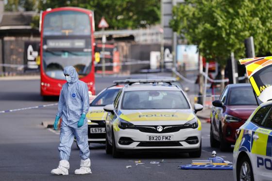 Forensic police officers inspect the scene where two Jewish men are seriously injured after being stabbed in Golders Green, north London, Britain, 29 April 2026.