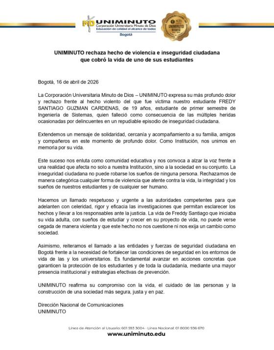 Estudiante de la UNIMINUTO murió tras violento robo: universidad se pronunció