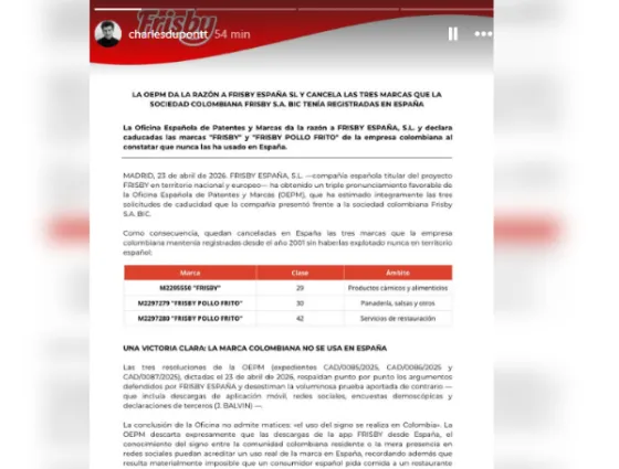 España cancela marcas de Frisby Colombia: así avanza la disputa en Europa 