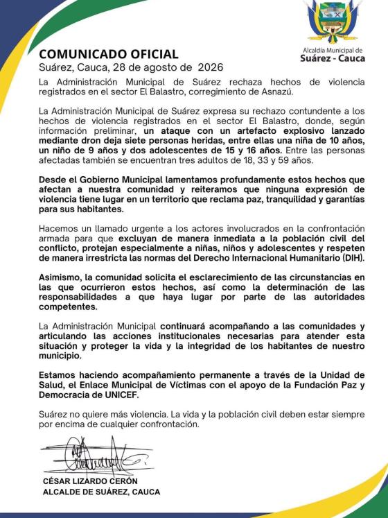 Alcaldía de Suárez Cauca tras ataque
