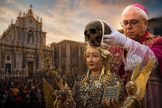 Ceremonia en la Catedral de Catania, Italia, donde autoridades religiosas exhiben el cráneo de Santa Ágata durante la conmemoración de los 900 años del regreso de sus reliquias