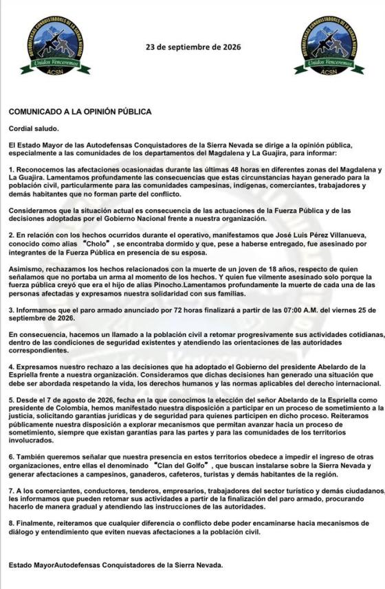 Comunicado fin del paro armado 