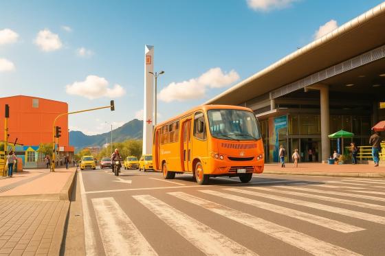 Vehículos en un embotellamiento y buses de Transmilenio en Bogotá.