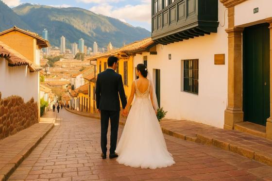 Pareja celebrando su boda en un hermoso jardín en Bogotá