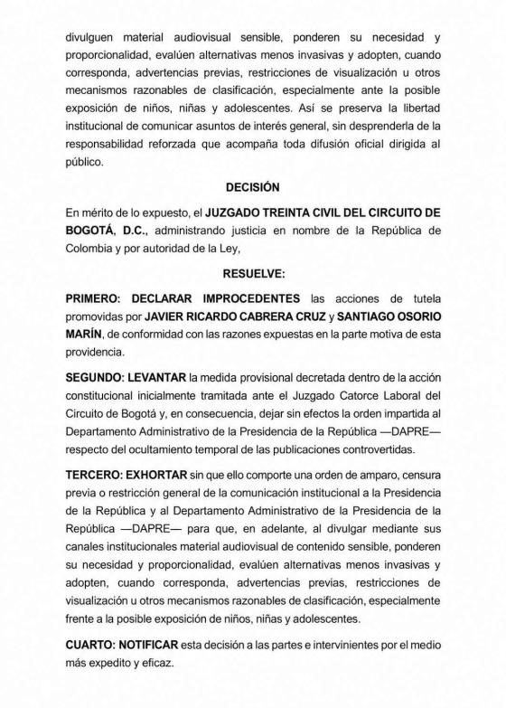 Tutela por. cuerpos fue negada