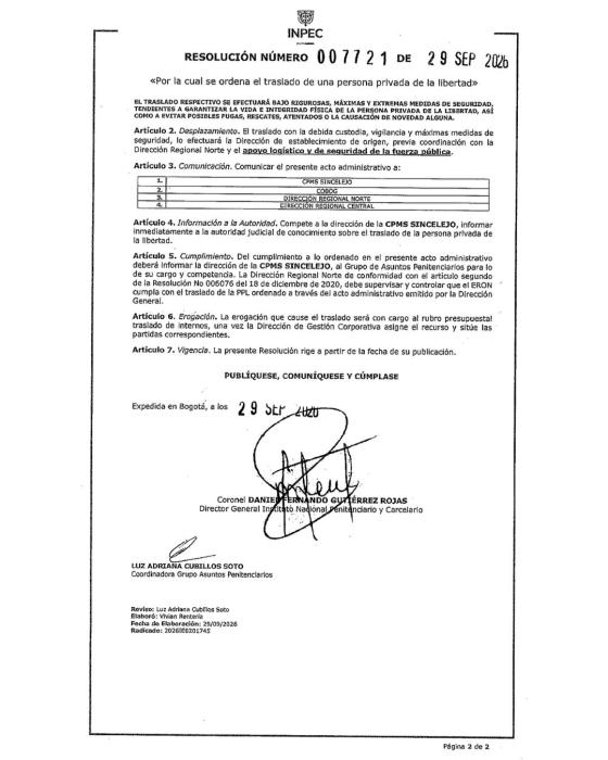 Segunda página de la Resolución 007721, firmada por el director general del INPEC