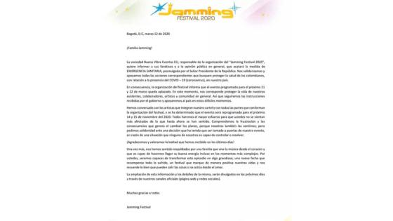 El Jamming Festival decidió aplazar el evento hasta el mes de noviembre debido al Coronavirus.  El Jamming Festival decidió aplazar el evento hasta el mes de noviembre debido al Coronavirus.