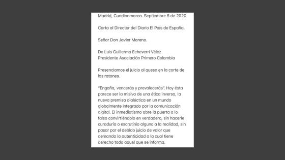 Carta de Luigi Echeverri: mensaje cargado de dardos prende polémica Carta de Luigi Echeverri: mensaje cargado de dardos prende polémica