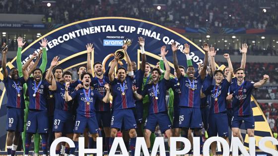 Players ofParis Saint-Germain celebrate with the trophy after winning the FIFA Intercontinental Cup 2025 match between Paris Saint-Germain and CR Flamengo at Ahmad Bin Ali Stadium in Al-Rayyan, Qatar, 17 December 2025. 
