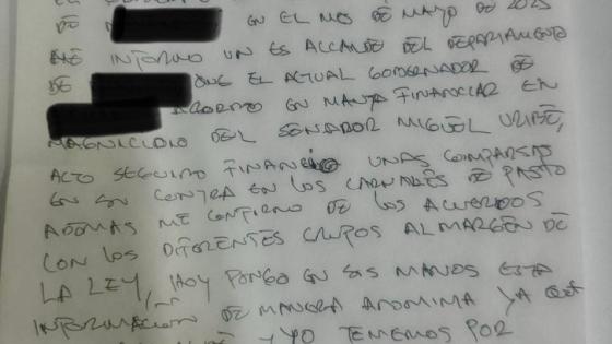 Carta anónima al expresidente Álvaro Uribe.