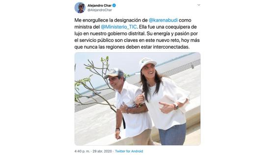 Felicitación de Alejandro Char Tuit de Alejandro Char